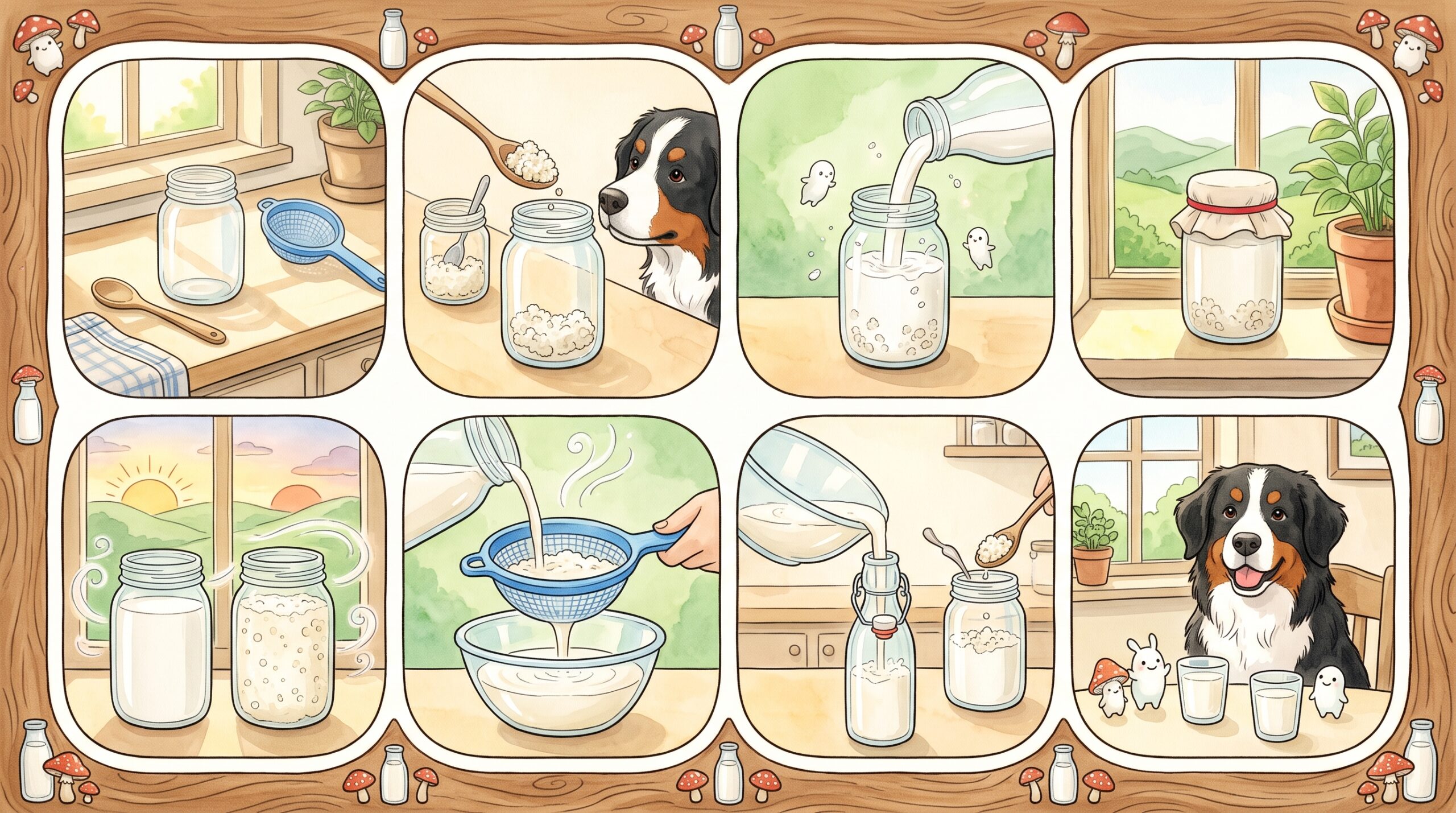 Illustrated scenes of kefir grains, milk and jars in a farmhouse kitchen, with a Bernese watching