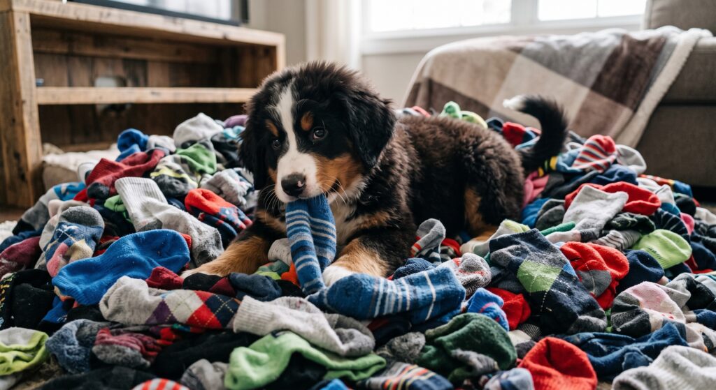 Bernese puppy chewing on a sock in a pile of socks