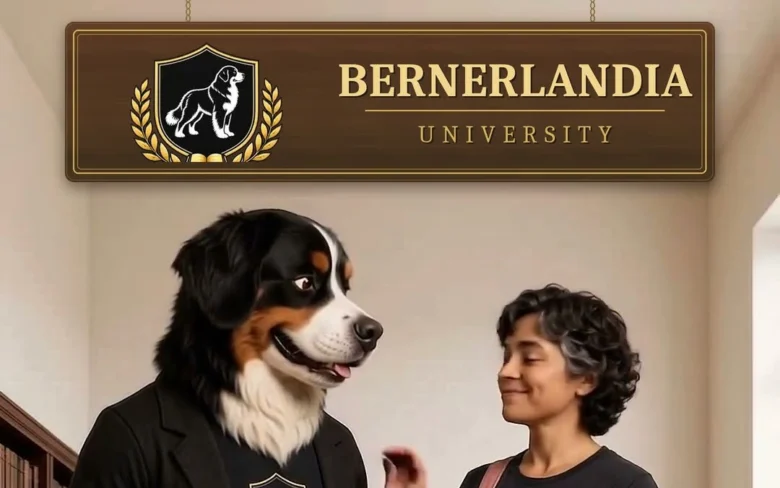 Professor Bern and Professor Bernadette under the Bernerlandia University sign